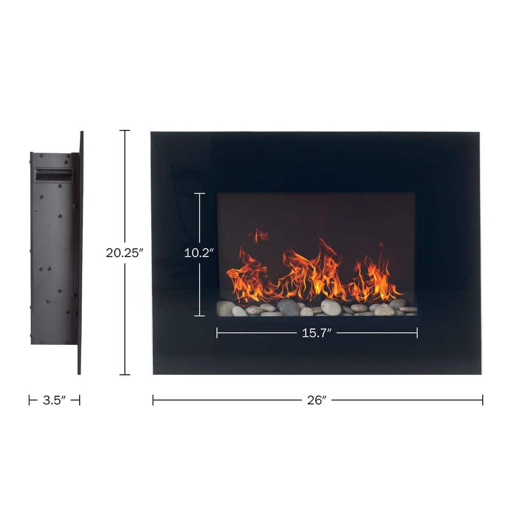 Black Curved Glass Wall Mount Electric Fireplace with Remote