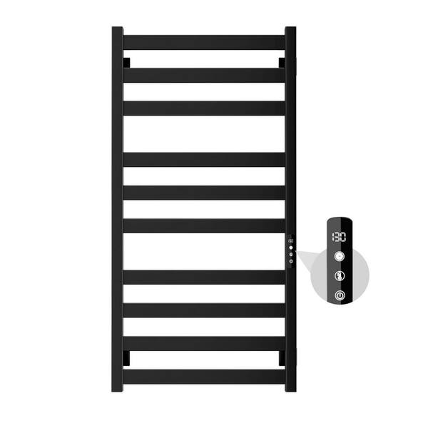 10-Bar Wall Mounted Towel Warmer Rack with Intelligent Touch Screen Timer Hard Wired or Plug-in Black Finish