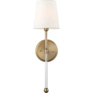 Olmstead 5.5 in. 1-Light Burnished Brass/White Wall Sconce with White Linen Shade