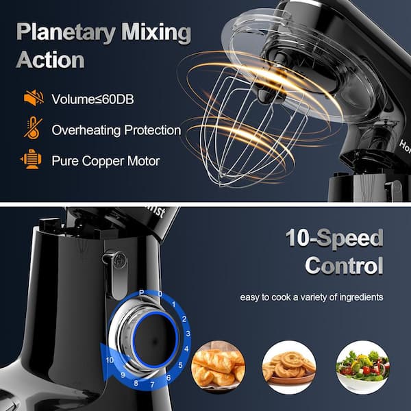BigChef 6.5 qt. 650-Watt 10-Speed Black Stand Mixer with Dough Hook, Whisk and Beater