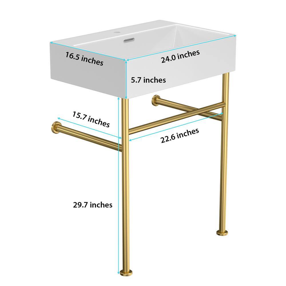 24 Inch White Ceramic Console Sink with Gold Metal Legs