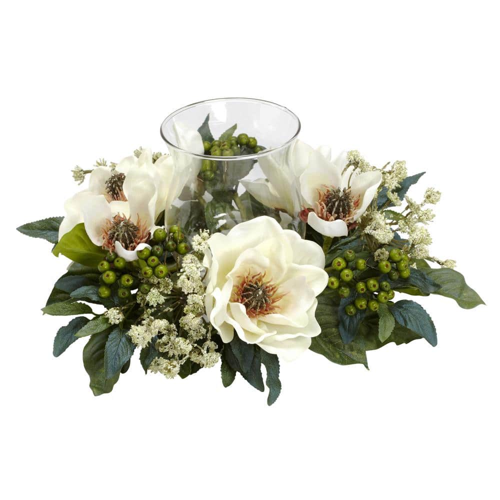 White Magnolia Candelabrum Silk Flower Centerpiece