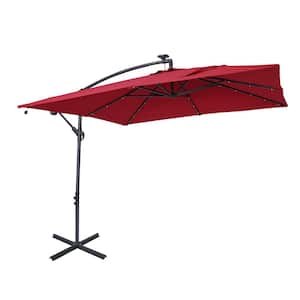 8.2 ft. Rectangular Solar LED Cantilever Offset Patio Umbrella with Cross Stand in Red