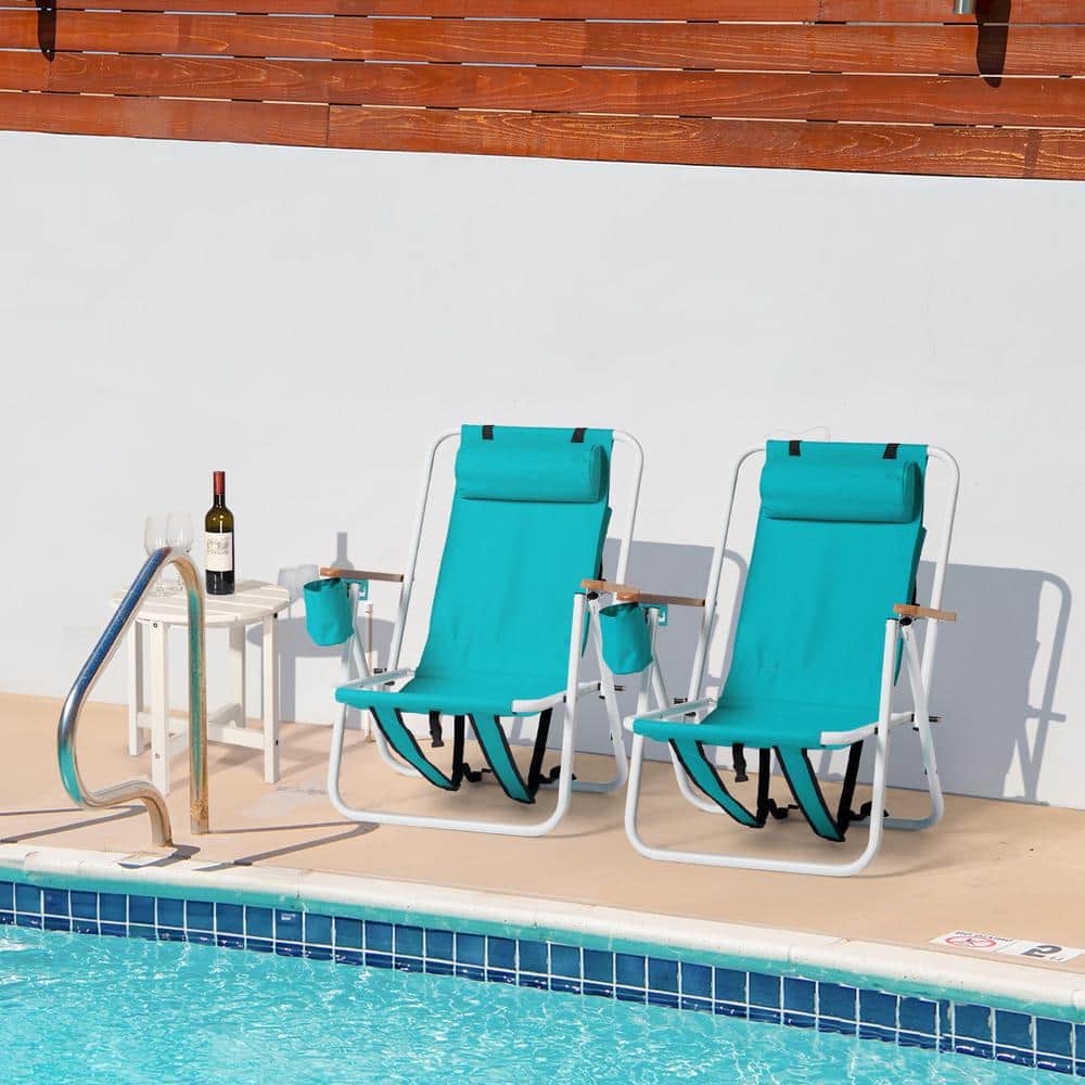Mint Green Steel Folding Beach Armchair Set with Adjustable Backrest