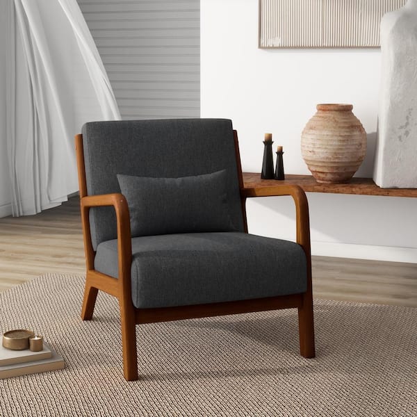 Uixe Mid Century Dark Gray Linen Upholstered Accent Arm Chair with Light Walnut Color Rubber Wood Frame Set of 1 FOP CH0020D DGY The Home Depot