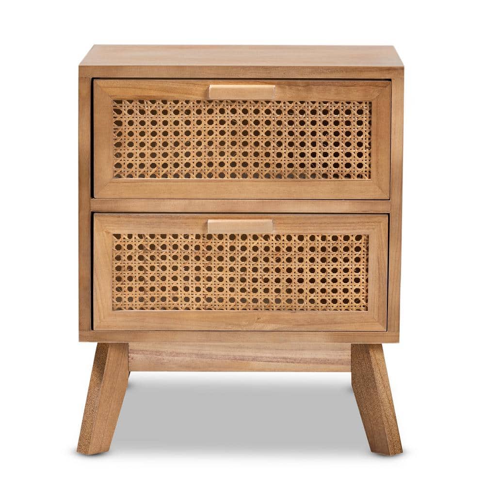 Walnut Brown Retro-Inspired 2-Drawer Rattan End Table
