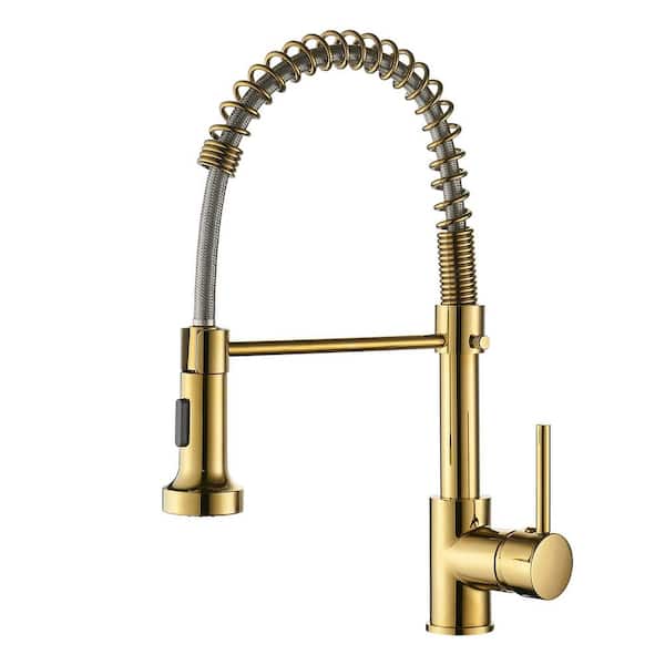 Lukvuzo Commercial DualFunction Single Handle Pull Down Sprayer Kitchen Faucet with Pull Out Spray Wand High-Arc Brass in Gold