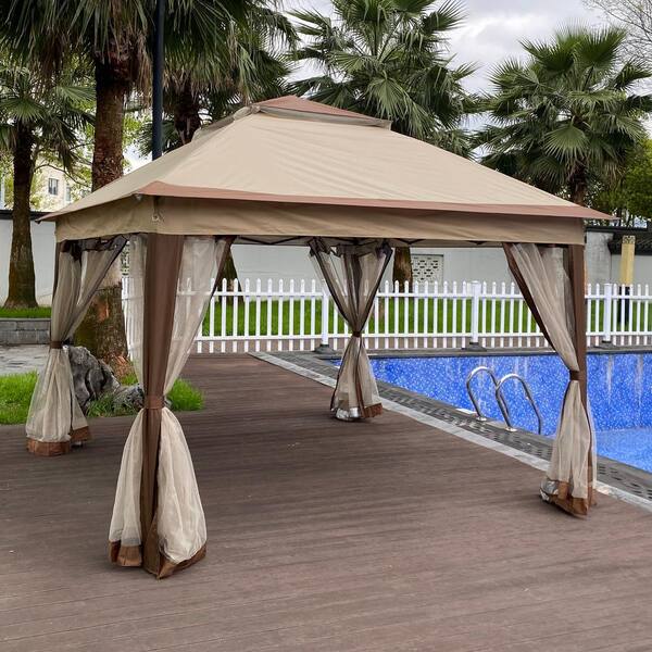 11 ft. x 11 ft. Coffee Outdoor 2-Tier Soft Top Pop Up Gazebo Canopy With  Removable Zipper Nettin (Gazebo)