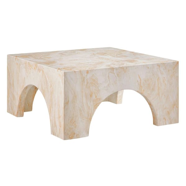 Valen Arched Concrete Coffee Table with Faux Stone Finish in Honey Onyx-Square Center Coffee Table