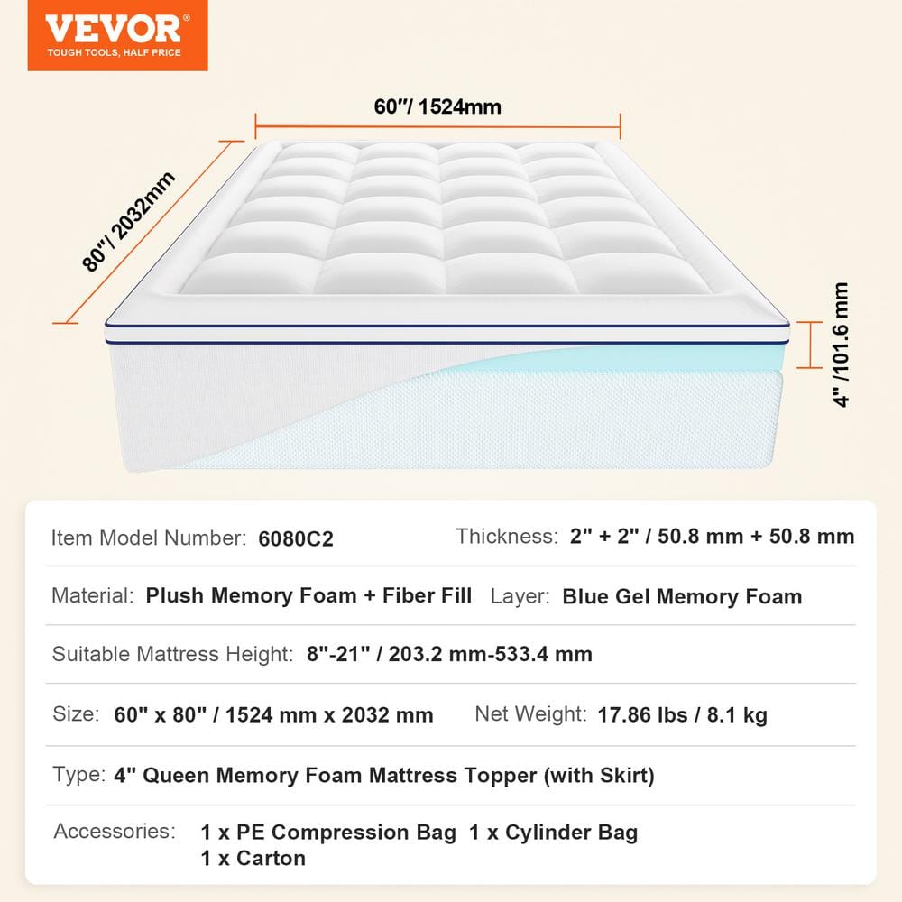 Queen Size White Gel Memory Foam Mattress Topper