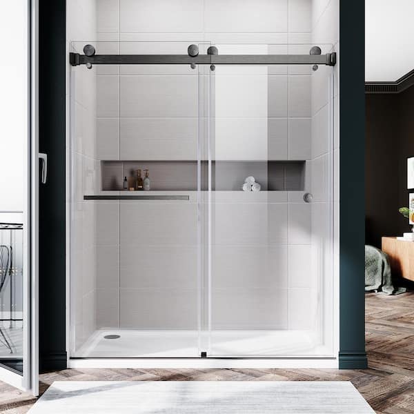 UNIKOO UKD01 56 to 60 in. W x 72 in. H Double Sliding Frameless Shower Door in Space Gray, EnduroShield 3/8 in. Clear Glass