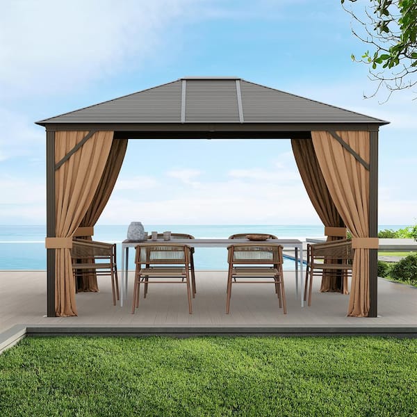 YOLENY 10' X 12' Hardtop Gazebo, Metal Gazebo With Aluminum Frame, Double Galvanized Steel Roof, Curtains And Netting Included, Pergolas For Patios