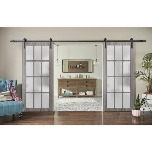 Sartodoors Felicia 3312 36 in. x 96 in. Full Lite Frosted Glass Gray Ash Finished Solid Wood Sliding Barn Door with Hardware Kit