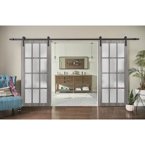 Sartodoors Felicia 3312 56 in. x 96 in. Full Lite Frosted Glass Gray Ash Finished Solid Wood Sliding Barn Door with Hardware Kit