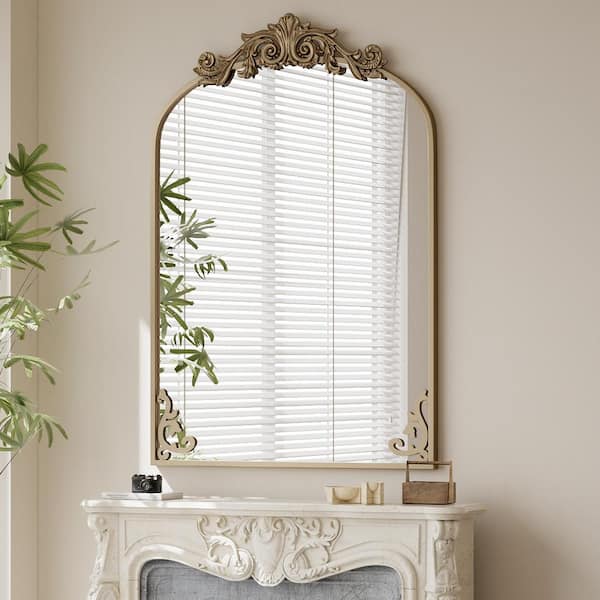 XRAMFY 26 in. W x 41 in. H Arched Bronze Aluminum Alloy Framed with Carved Decoration Wall Mirror