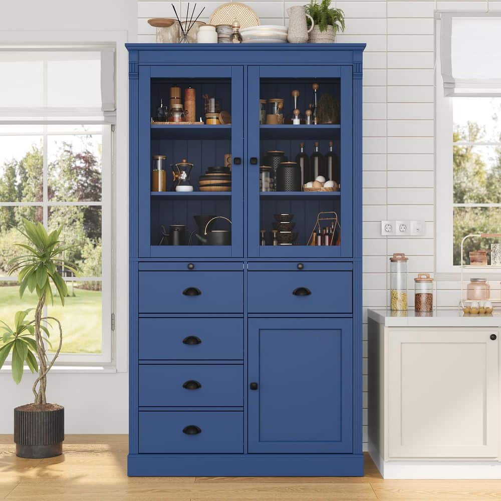 Blue MDF Wood Buffet with Glass Doors, Drawers, Serving Trays and Shelves