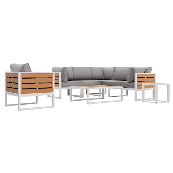 Nuu Garden White 6-Piece Aluminum Patio Conversation Sectional Sofa Set with Gray Cushions, Imitation Wood, Polyester Fabric