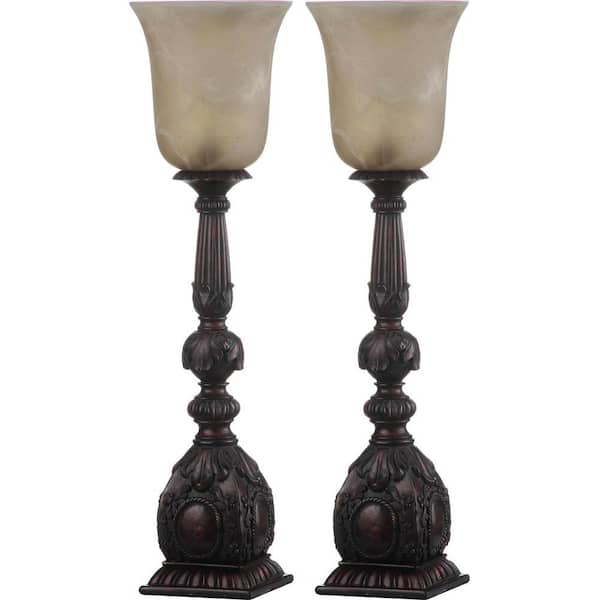 SAFAVIEH Dion Artifact 27.5 in. Oil-Rubbed Bronze Table Lamp with Antique White Glass Shade (Set of 2)