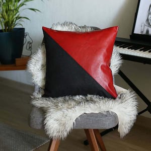 Boho-Chic Handcrafted Vegan Faux Leather Black and Red 18 in. x 18 in. Square Solid Throw Pillow Cover