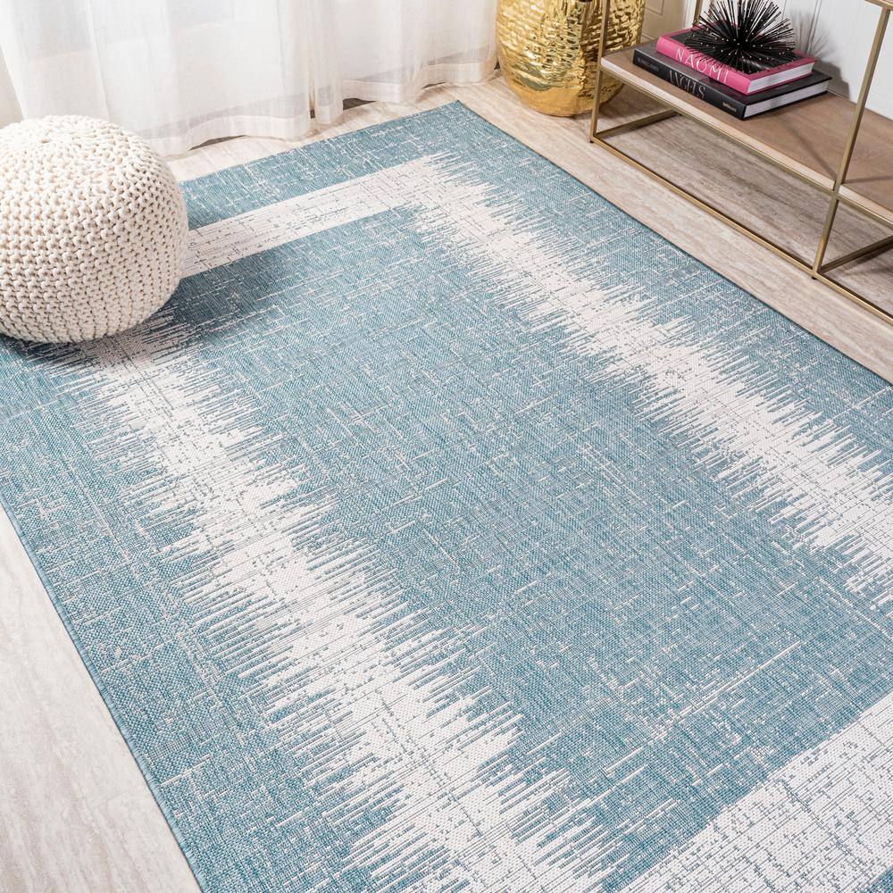 Aqua and Ivory Geometric Synthetic 3' x 5' Indoor/Outdoor Area Rug