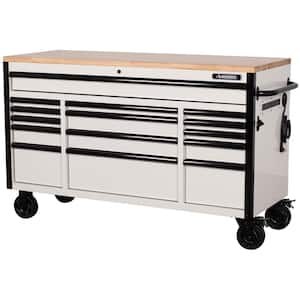 61 in. W x 23 in. D Heavy-Duty 15-Drawer Mobile Workbench Tool Chest with Solid Wood Top in White