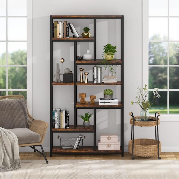 Earlimart 78.7 in. Brown Wood 7-Shelf Etagere Bookcase with Open Back