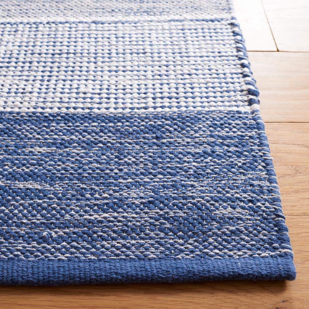 Grey and Blue Wool Cotton Striped 5' x 8' Area Rug