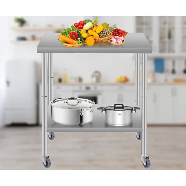48 in.x24 in. Commercial Work Table, Stainless Steel Kitchen Prep Table w/ Under Shelf & Wheels for Restaurant in Silver