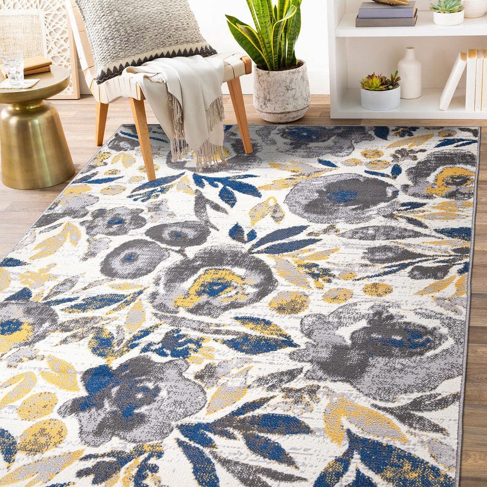 Ivory Floral Bliss 5' x 7' Easy-Care Synthetic Area Rug