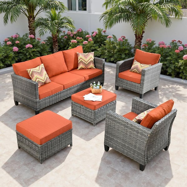 Camden 5-Piece Gray 3-Seat Wicker Patio Furniture Outdoor Patio Conversation Set with Orange Red Cushion and Ottoman