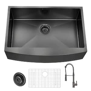 33 in. Farmhouse/Apron-Front Single Bowl 18 Gauge Gunmetal Black Stainless Steel Kitchen Sink with Spring Neck Faucet