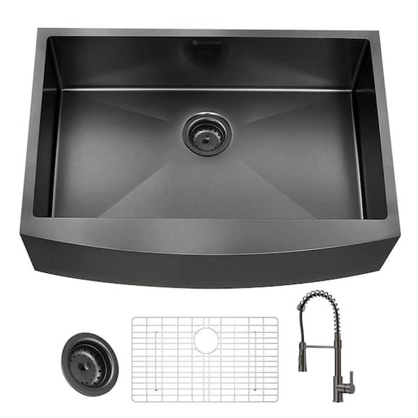 Glacier Bay 33 in. Farmhouse/Apron-Front Single Bowl 18 Gauge Gunmetal Black Stainless Steel Kitchen Sink with Spring Neck Faucet