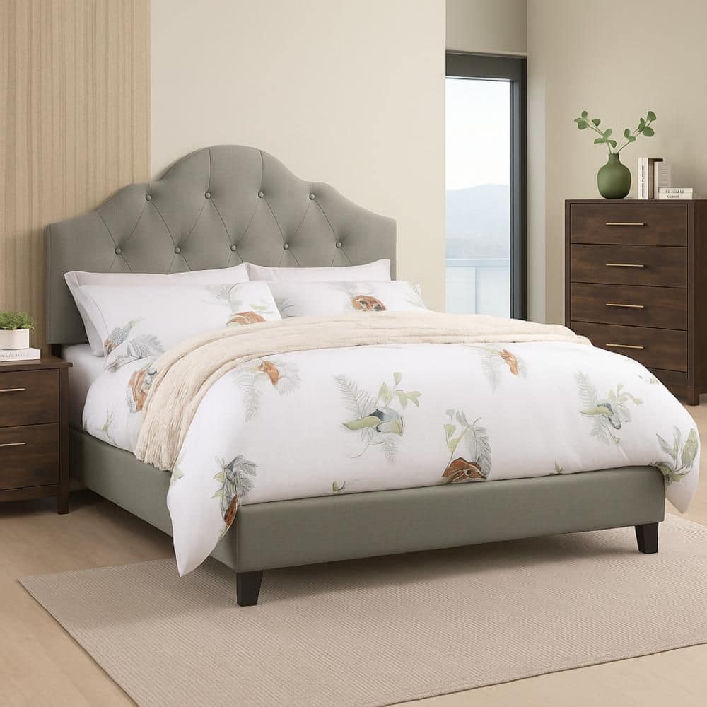 Eni Gray Wood Frame Queen Panel Bed with Tufted Adjustable Headboard
