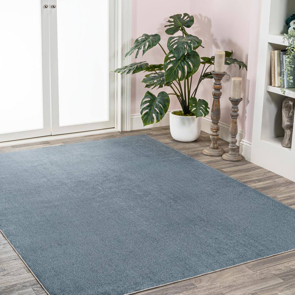 Blue Solid Synthetic 4' x 6' Washable Area Rug