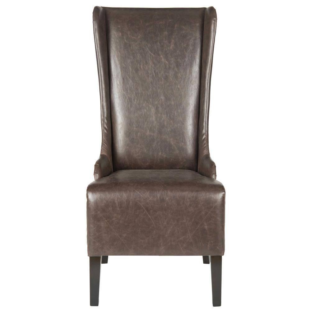 Antique Brown High Back Leather Upholstered Dining Side Chair