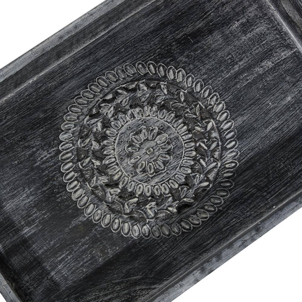 Black Wood Intricate Carved Floral Decorative Tray Set