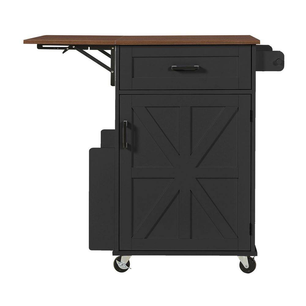 Black Wood 39.3 in. Rolling Kitchen Island with Drop Leaf, Open Side Rack and Lockable Wheels price history on PriceWatchPro