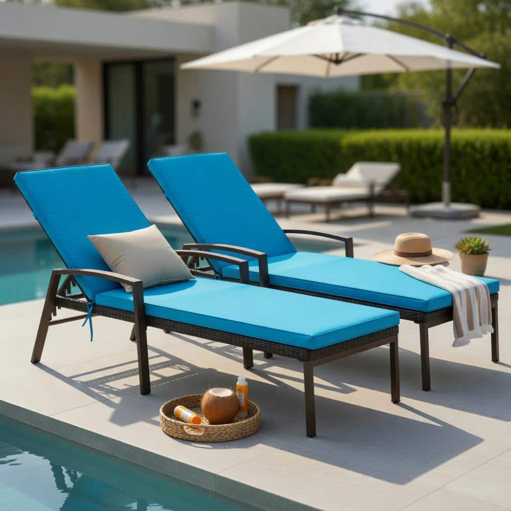 2 Pieces Patio Rattan Reclining Chaise Lounge Chair with Cushion and Armrest-Turquoise and White price history on PriceWatchPro