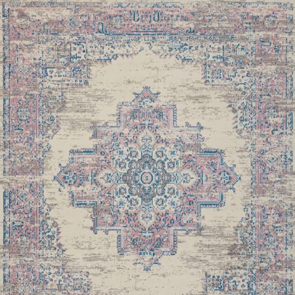 9' X 12' Ivory and Blue Floral Medallion Distressed Non Skid Area Rug