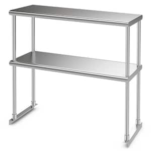 Silver Stainless Steel 36 in. 2-Tier Overshelf Kitchen Prep Table with Adjustable Lower Shelf