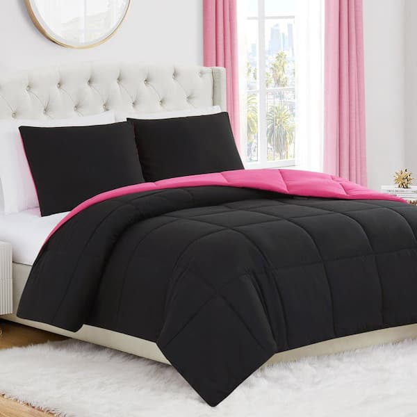 Box Stitch 3-Piece Black/Hot Pink Solid Color Microfiber King Comforter Set
