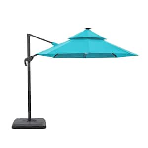 2pc Maxy 10 ft. Steel Roma Cantilever Solar LED Strip Tilt 360 Patio Umbrella In Teal With Base