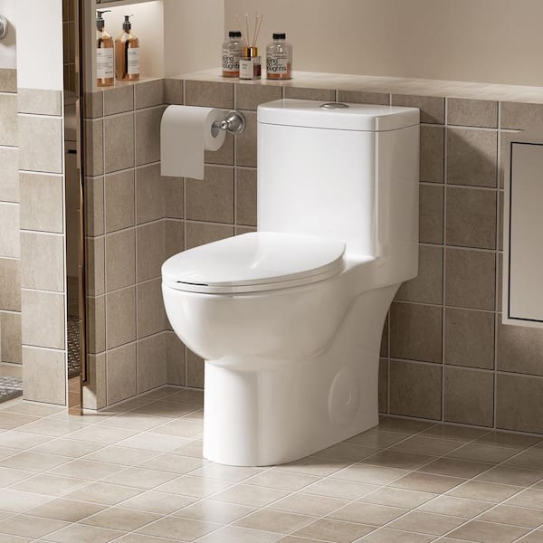 1-Piece 1.1/1.6 GPF Dual Flush Rimless Bowl Toilet in Glossy White Soft Close Seat Included