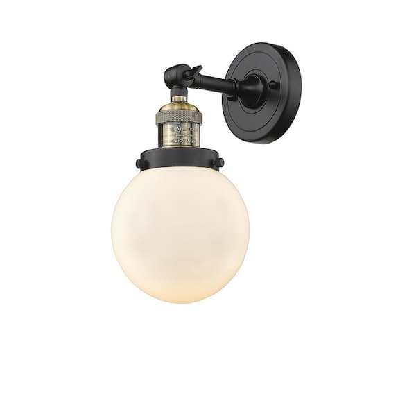 Innovations Beacon 1-Light Matte White, Black Antique Brass Wall Sconce with White Glass Shade