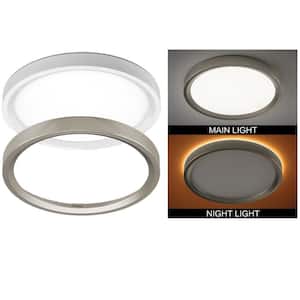11 in. Color Selectable LED Flush Mount Ceiling Light w/ Night Light Optional White and Brushed Nickel Trim Rings