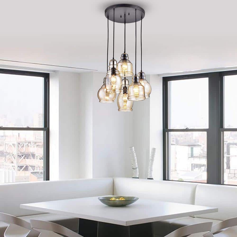 Mariana Cognac Glass and Antique Black 6-Light Pendant