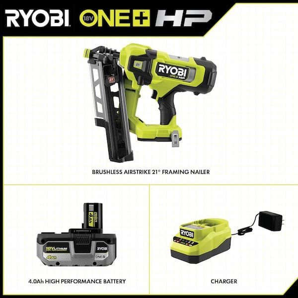 ONE+ HP 18V Brushless Cordless AirStrike 21° Framing Nailer Kit w/ 4Ah Battery, Charger & 21° Extended Capacity Magazine