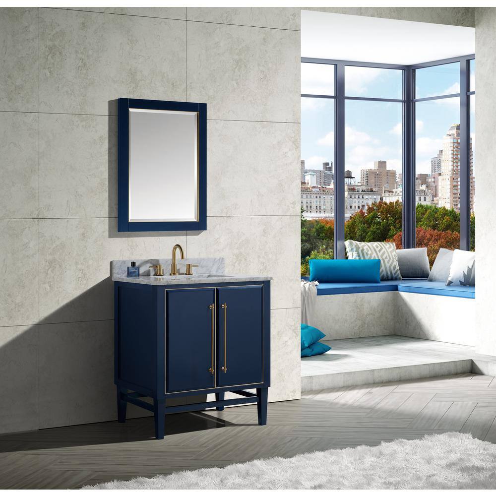 Mason 31" Navy Blue and Gold Solid Wood Vanity with Marble Top