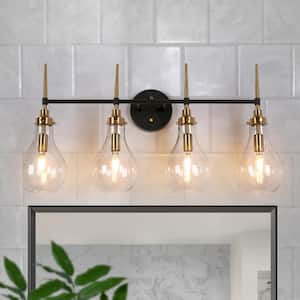 Modern Bathroom Teardrop Vanity Light 4-Light Black and Brass Wall Sconce Light with Clear Glass Shade