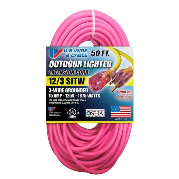 U.S. Wire and Cable 50 ft. 12/3 Fluorescent Lighted Extension Cord, Pink